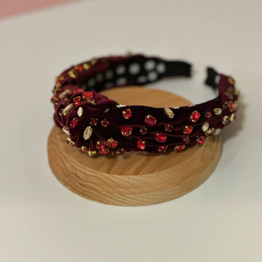 Red Rhinestone Burgundy Velvet Knot Headband - Picture 9 of 10